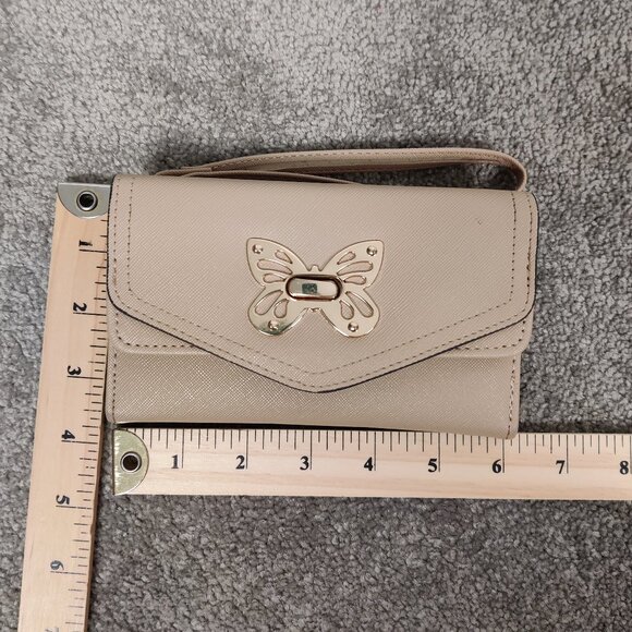Ardene Women's Tri Fold Wristlet Beige Butterfly Metal Twist Turn Lock Closure - Picture 6 of 6